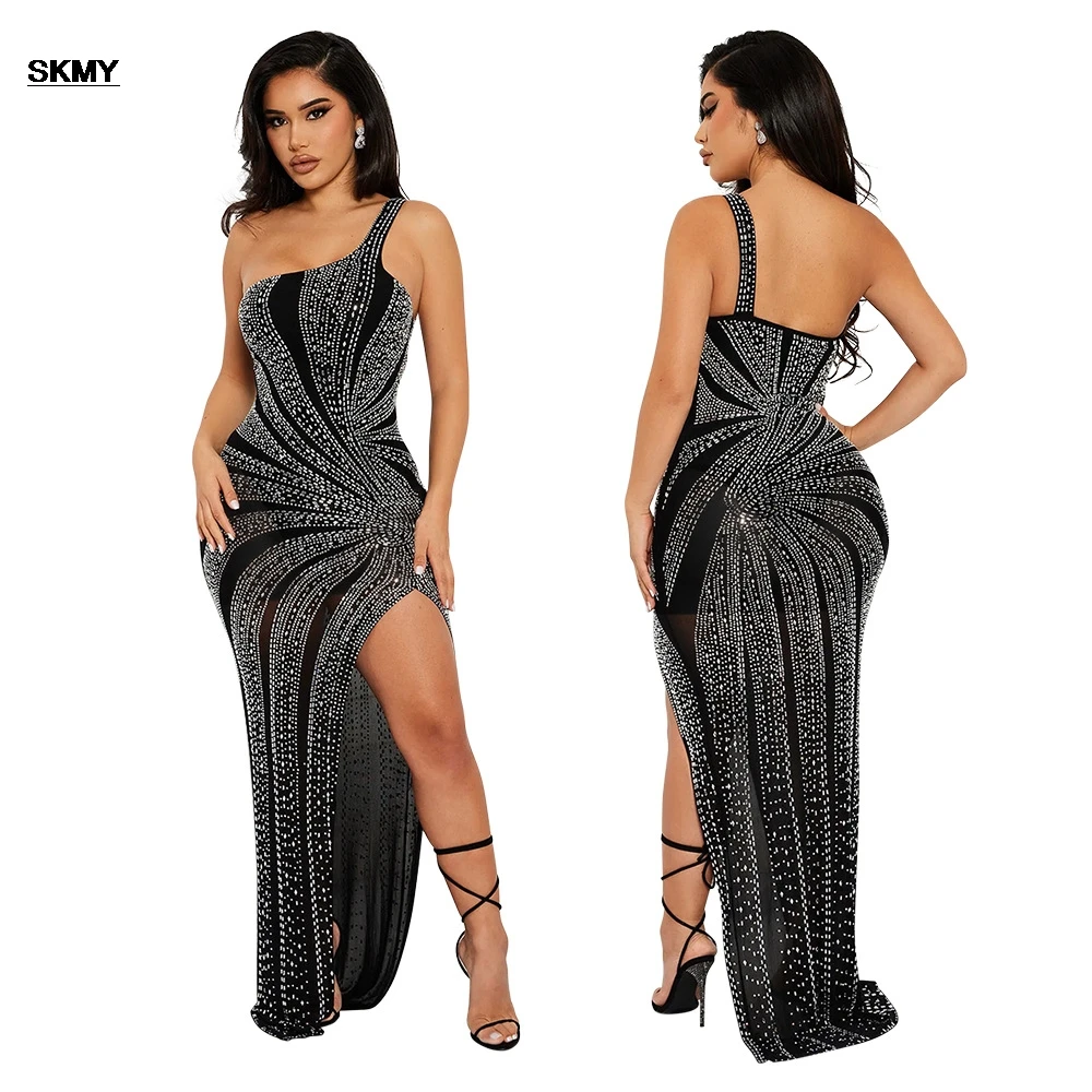 SKMY Elegant Party Dresses 2024 Hip Hugging Long dress With Slanted Shoulders Sexy Perspective Rhinestone Evening Dress Women