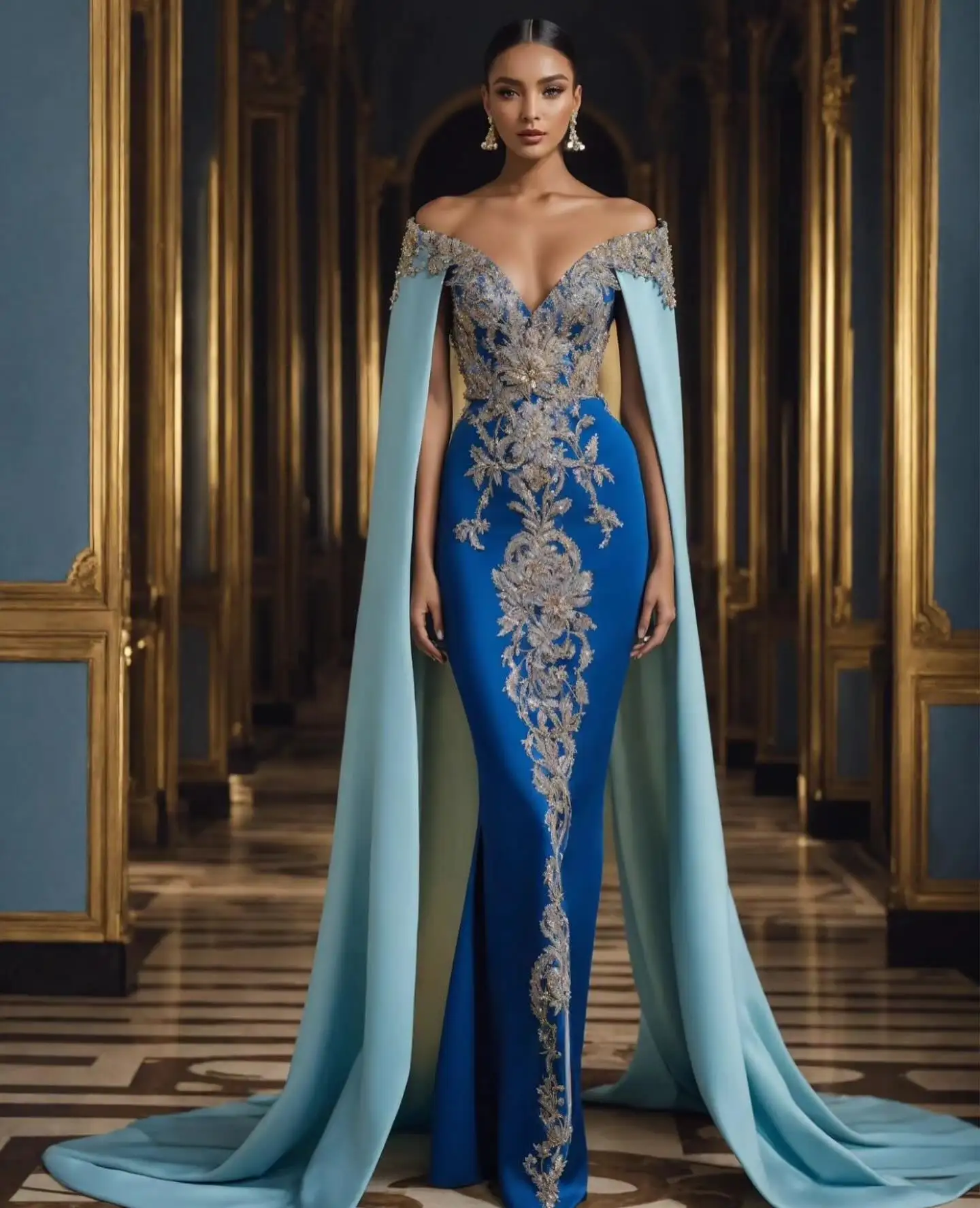 Exclusive Royal Blue Mermaid Long Prom Dresses With Long Cape Sleeves Delicate Shimmery Appliques Dubai Party Dress