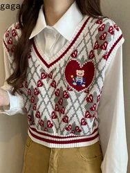 Gagarich Women Knit Vest Autumn Winter New Love Bear Embroidered Sweet Short Sleeveless Outer Stacked Waistcoat Tops Casual