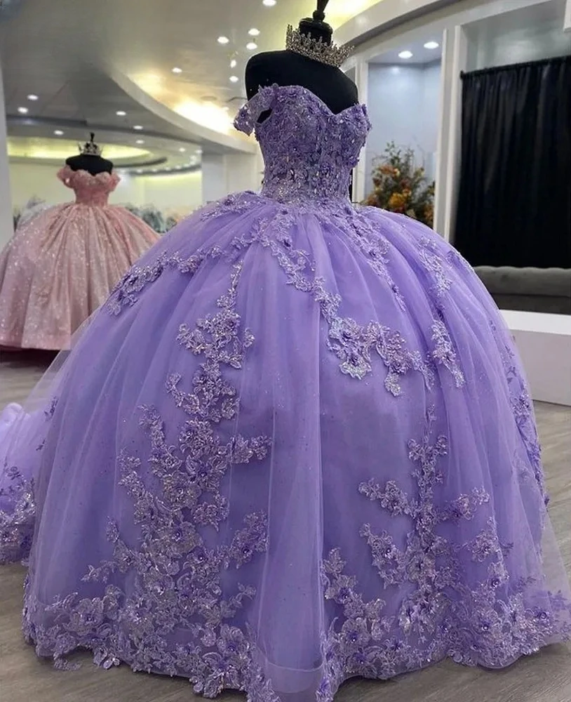 

Lilac Charro Quinceanera Dresses Ball Gown Off The Shoulder Appliques Crystals Mexican Sweet 16 Dresses 15 Anos