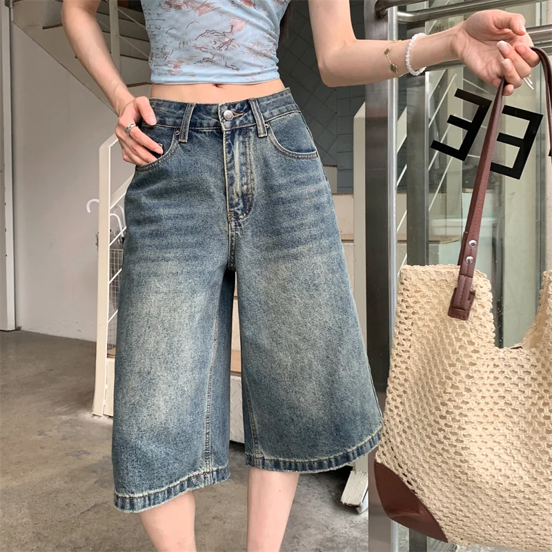 

2025 Autumn Women's Y2K Jeans American Vintage Denim Shorts High Waist Straight Leg Mid-Length 2717