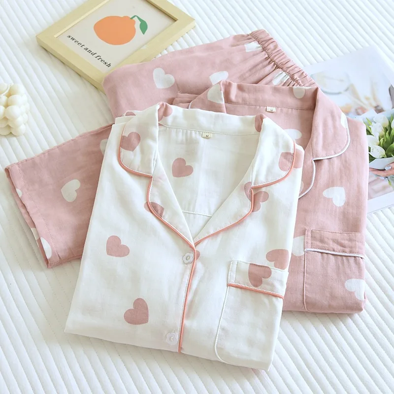 Spring Summer Thin Double-Layer Cotton Gauze Sleepwear Women's Long Sleeved Lapel Cardigan Heart Breathable Two-Piece Set
