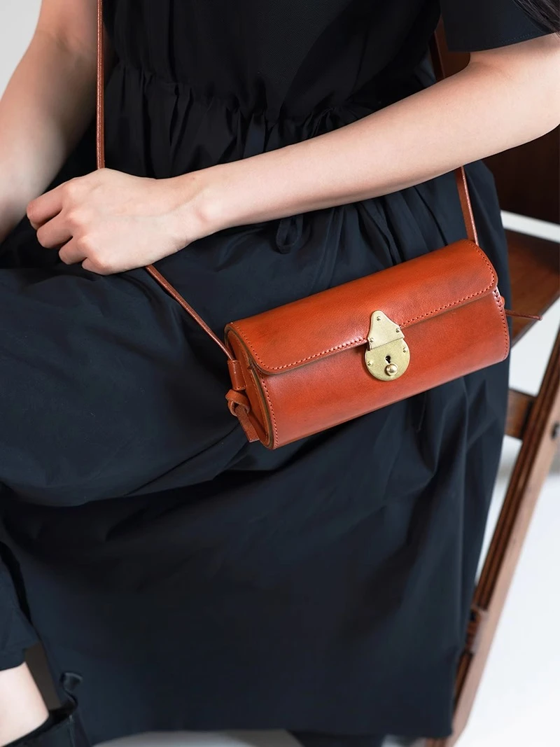 Handmade leather messenger bag for women, vintage style handcrafted leather cylindrical bag pillow bag cross body