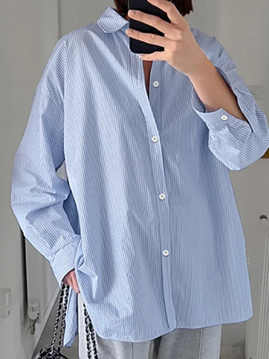 Wolfeel Women\'s Shirt 100% Cotton Blue Striped Long Sleeved Leisure And Fashion Versatile Shirt Top Blue Loose Fitting Shirt