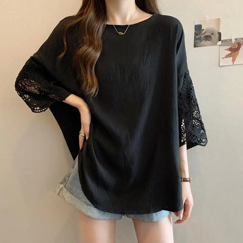 

Fashion O-Neck Spliced Lace Ruffles T-Shirts Female Clothing 2025 Summer New Loose Solid Color Casual Tops Sweet Tee Shirt