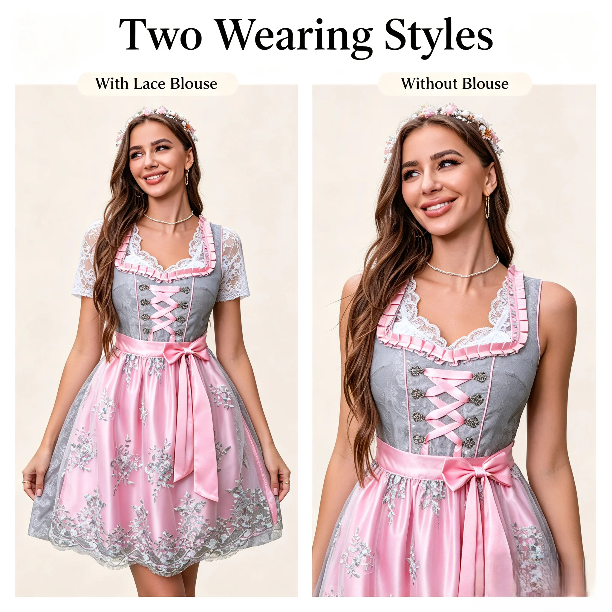

Vintage Floral Embroidered Dirndl Dress, Detachable Lace Ruffle Top, Pink Satin Apron with Large Bow, Women's Bavarian Oktoberfest Themed Outfit, Festival Party Cosplay Long Dress