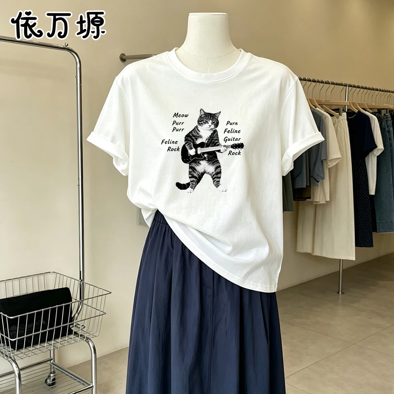 Camiseta Holgada Extra Grande para Mujer, Diseño Vintage de Gato Rockero Tocando la Guitarra, Camiseta de Manga Corta, Ropa Casual de Calle, Top Básico de Verano