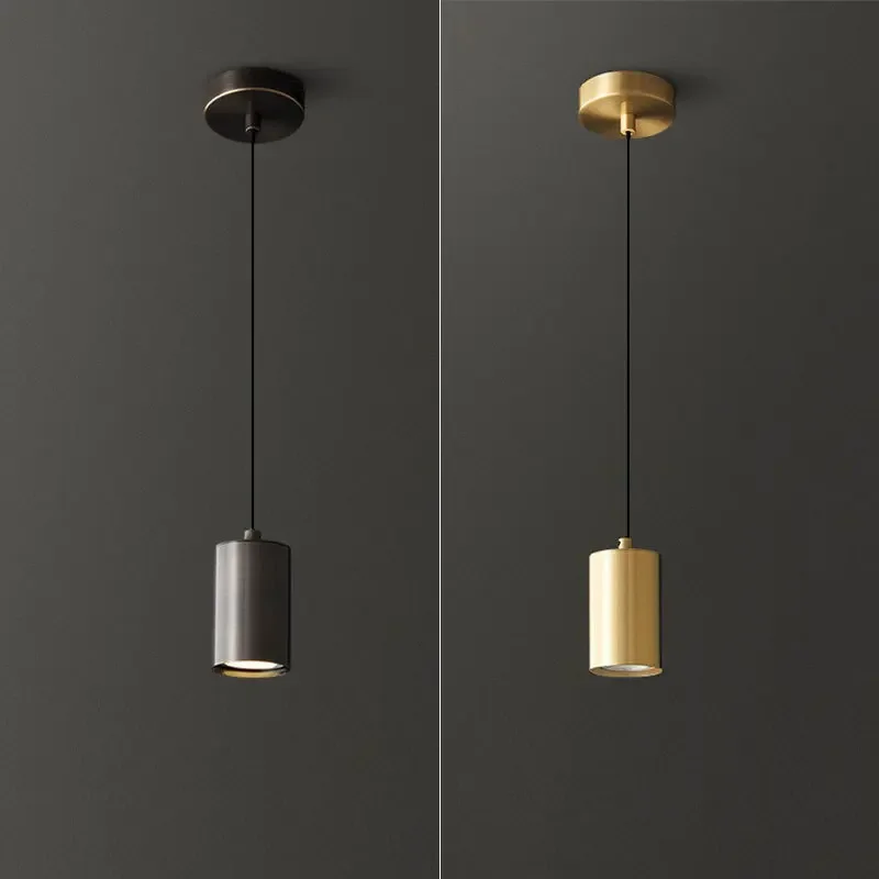 Minimalist Full Copper Cylindrical Small Pendant Light Black Gold Hanging Lamp Background Wall Light Single Head Bedside Light