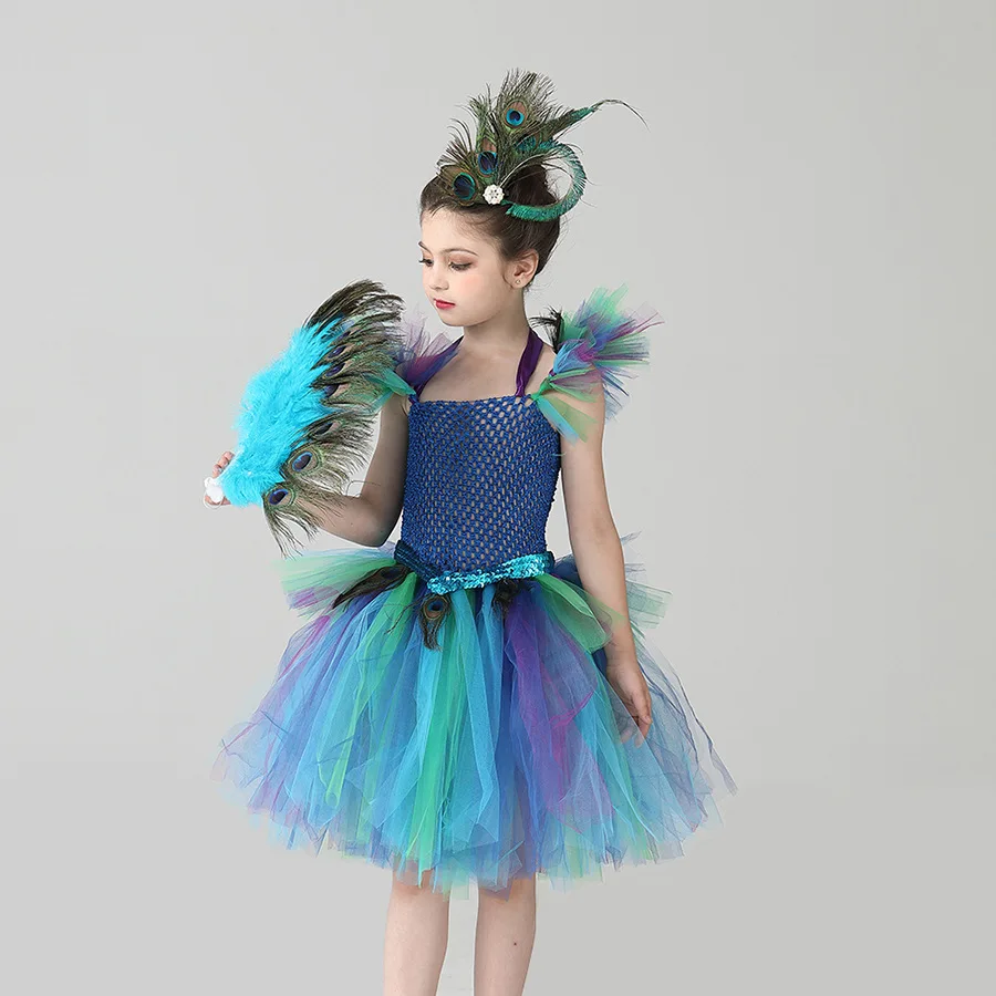 Peacock Enfant Kleid, Pfauenfeder-Cosplay, Karnevalskostüme für Kinder, Halloween, Karneval, Purim, Pfauen-Prinzessinnen-Set – Detail 5