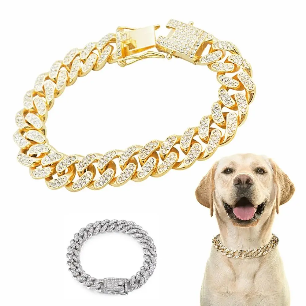 

1 Pcs Luxury Rhinestone Pet Necklace Small Pet Metal Fighting Neckchain Outdoor Travel Photo Props Daily Wear Supplies