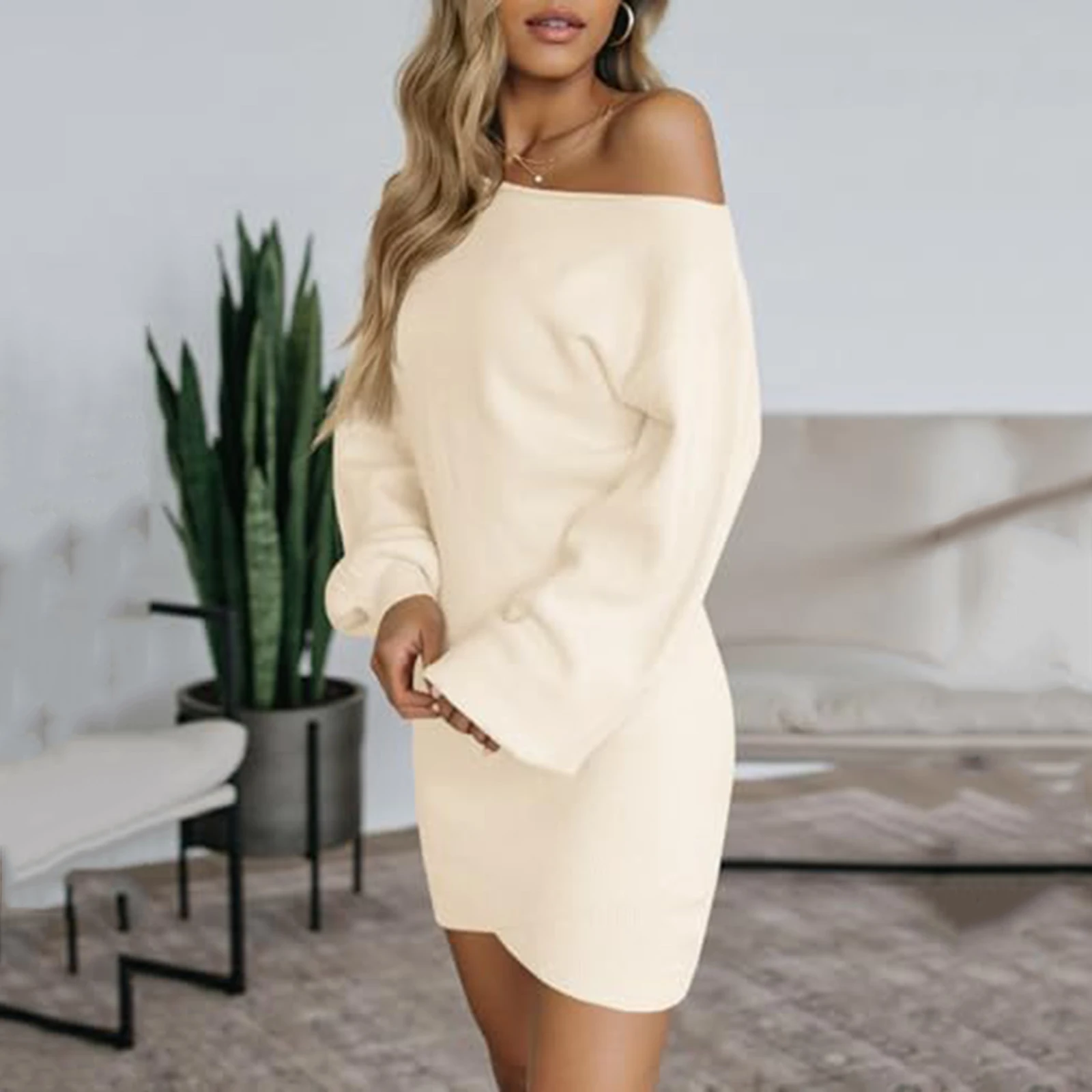 Vestido de moda feminina casual fora do ombro camisola vestido manga longa malha cor sólida vestido outono e inverno vestidos