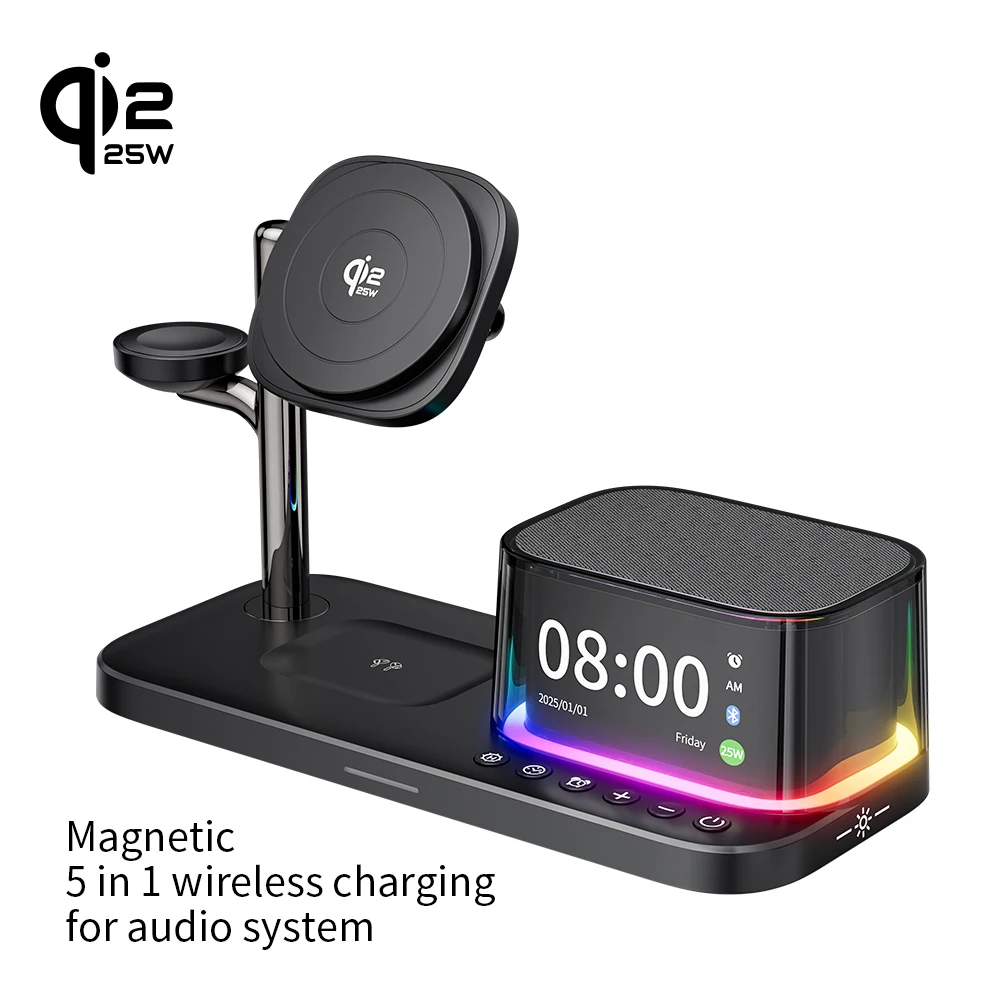 qi2.2 Magnetic 3-in-1 wireless fast charging 25W mobile phone universal Bluetooth audio multifunctional alarm clock digital time