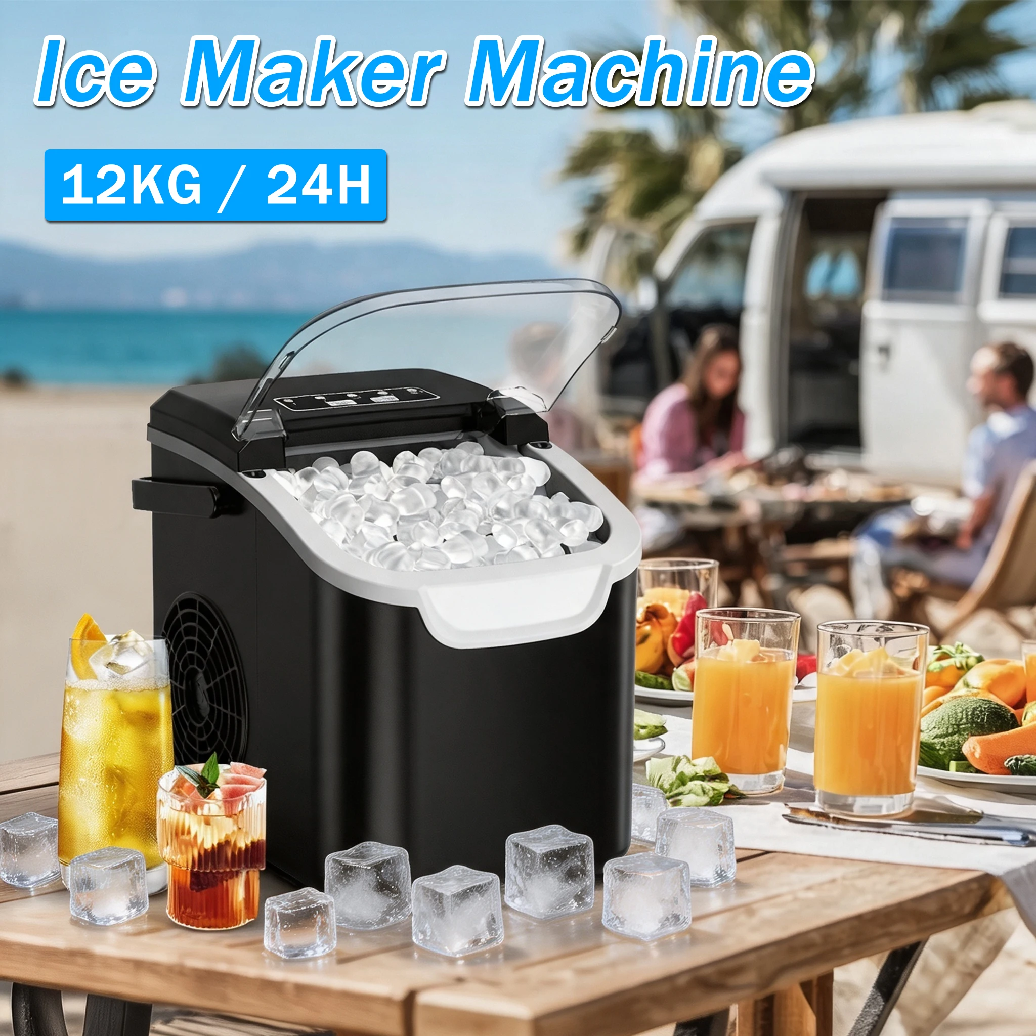 Image of Tragbarer Eiswürfelbereiter in Kugelform, 12 kg/24 Std., Tischgerät, 2 Eiswürfelgrößen, mit Griff, für Bar, Zuhause, Küche, Büro, automatische Reinigung, elektrisches Kühlgerät
