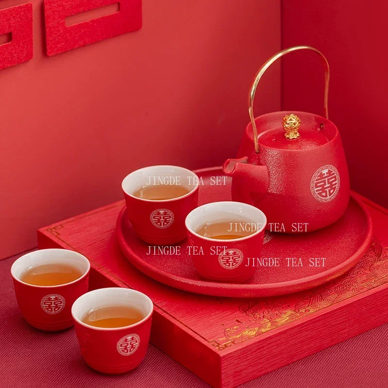Red Ceramic Double Happiness Tea Pot Set Chinese Wedding Tea Sets Teacup Tray Suit Customized Exquisite Porcelain Teaware Gifts
