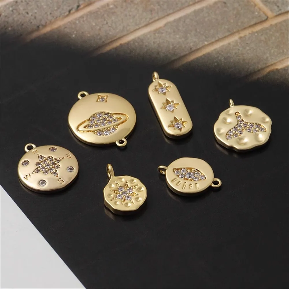 

Copper Plated with 18k Real Gold Round Pendant Set with Zircon Shining Star Moon Fish Tail Mark DIY Earrings Necklace Accessorie