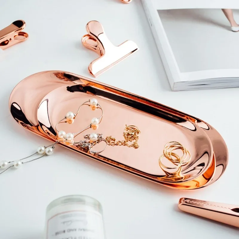 Rose Gold Metal Storage Tray Chic Mirror Plating Process Oval Organizer Trays Simple Table Snack Cake Dish Jewelry Display Plate