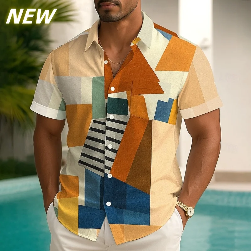 

Colorful Geometry Pattern Short Sleeve Shirt For Men Color Block 3D Printed Hawaiian Shirts Lapel Tops Fashion Button Blouse