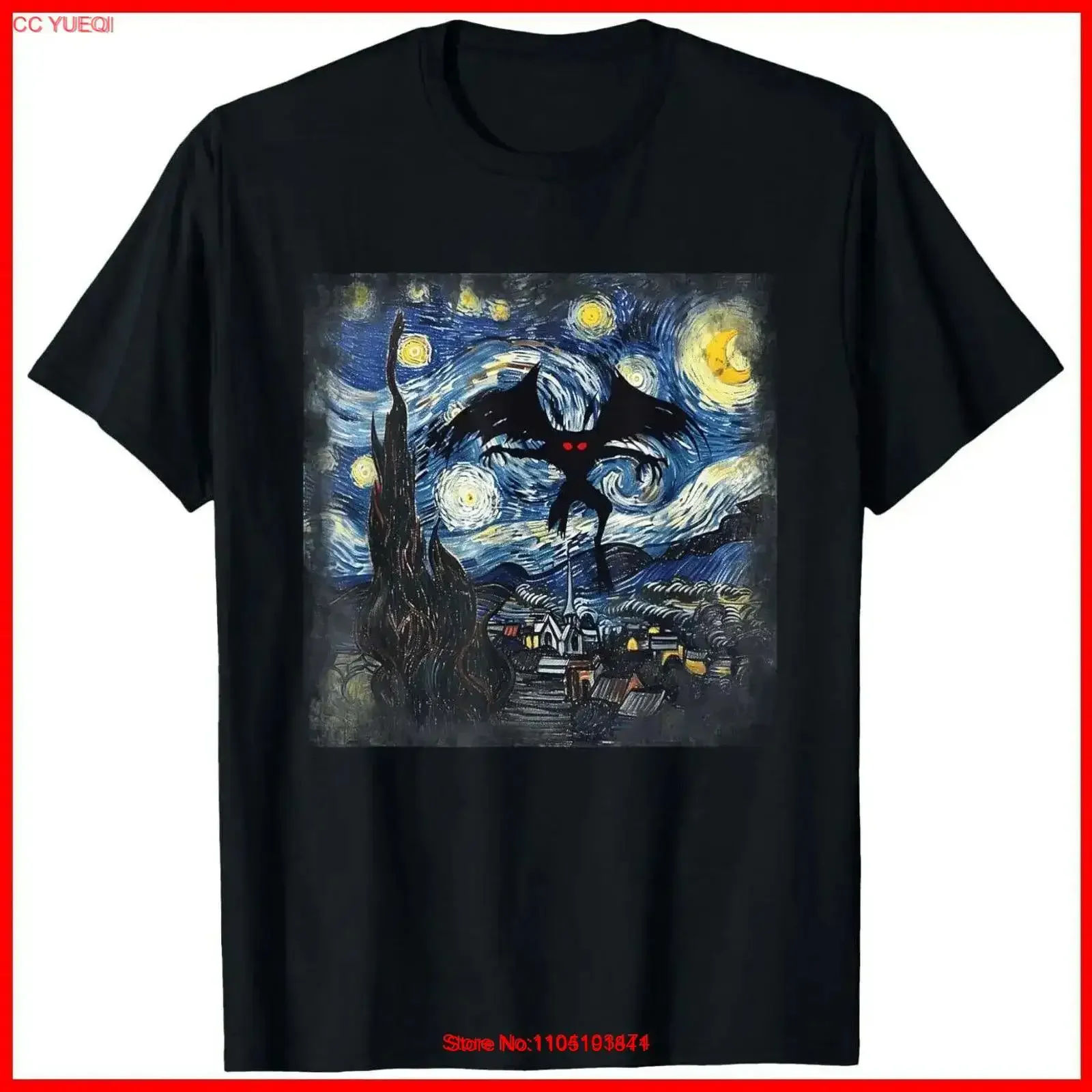 Mothman Starry Night Vintage Arts Awesome Animal Monsters Black Cotton T Shirt vintage Washed Comfortable designer clothes