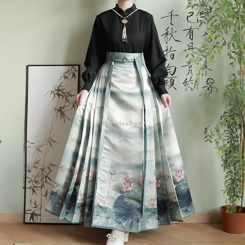 2024 chinese improved ming dynasty hanfu stand collar long sleeve shirt waist-length satin pleated skirt women elegant hanfu set