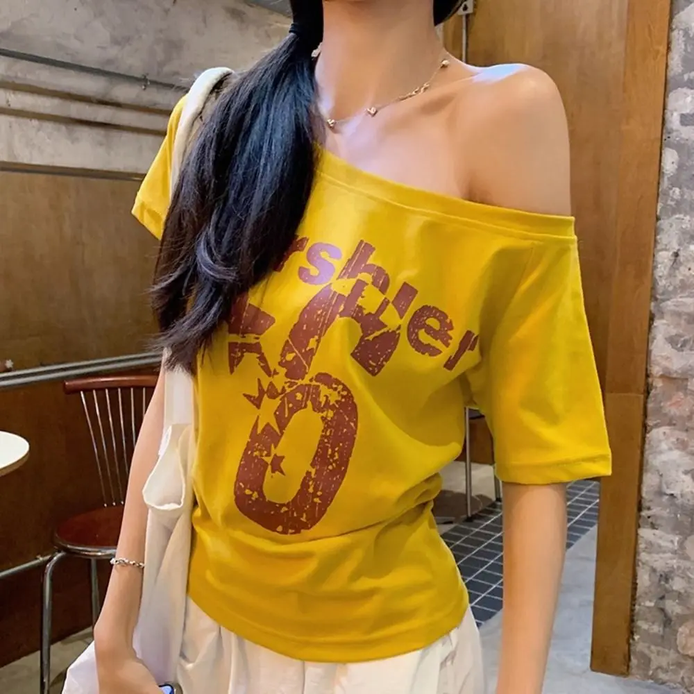 Fashion Y2k Off Shoulder Top Skew Collar Letter Print Crop Top Body Basic T Shirt Casual Wear