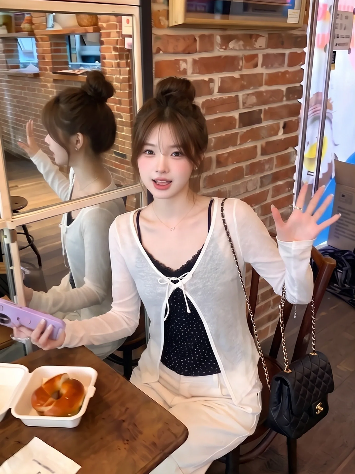 Korean Style Long Sleeve Knitted T-Shirt Women's Inner Checkered Strap Vest Layered Two-Piece Set Top City Walk Commute Wind