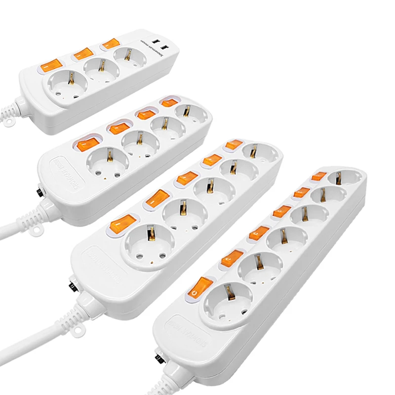 EU Plug Multiple Sockets AC Outlets Power Strip Extension Cable With USB Ports Surge Protector Network Filter Individual Switch