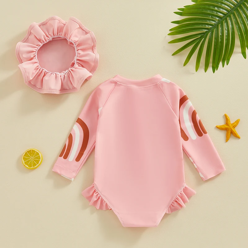 

Baby Girls Swimsuit Floral Zipper Ruffle Toddler Bathing Suit Rash Guard Long Sleeve Swimwear Cap Beach Outfit