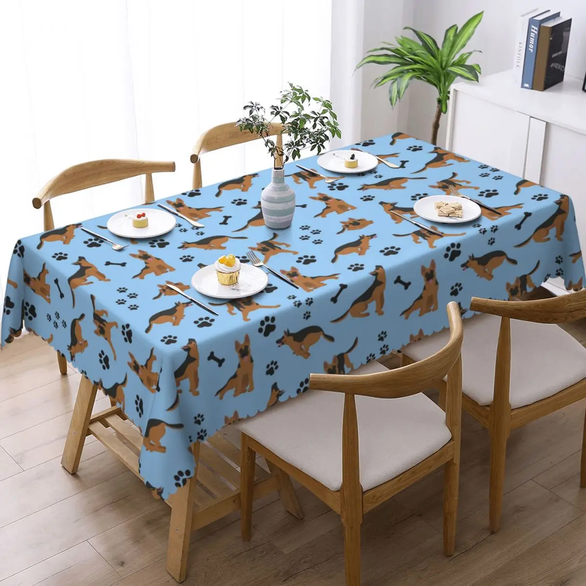 German Shepherd Pattern In Blue Custom Rectangular Tablecloth Oilproof Table Cover for Dining Events Table Cloth
