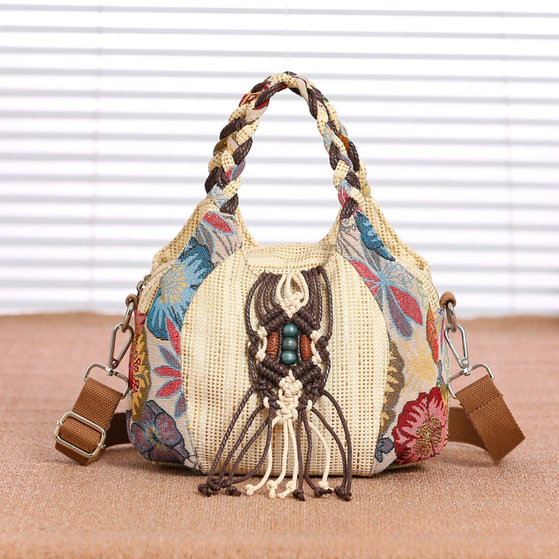 Women Beach Bags Handbags Large Capacity Lady Ethnic Tassel Shoulder Bag Linen Totes Casual Girls Travel Storage Shopping Bag