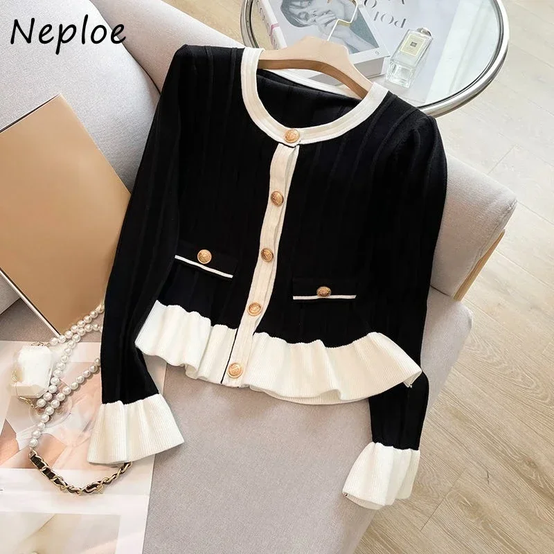 Neploe Elegant Sweet Flare Sleeve Cardigans 2024 Autumn New O-neck Knitted Cardigan Y2k Long Sleeve Ruffles Sweaters Coats