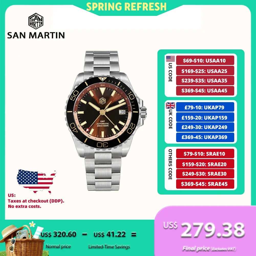 

San Martin 39mm Retro Enamel Sunray Dark Brown Dial Men Automatic NH34 GMT Watch 20Bar Wristwatch SLN C3 Green Lume Dive SN0136