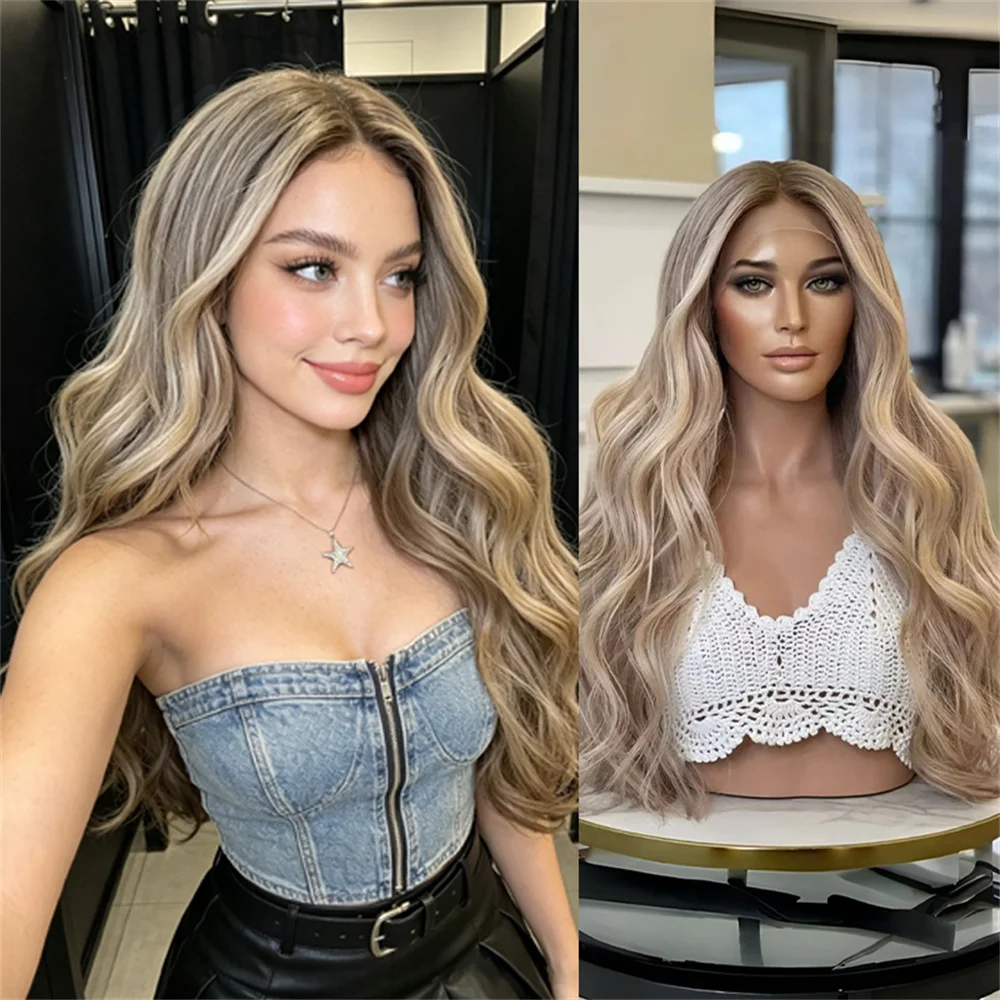 28 Inch Highlight Blonde Synthetic Lace Front Wigs Dark Roots Long Body Wavy Ombre Ash Blonde Pre Plucked Colored Wigs for Women