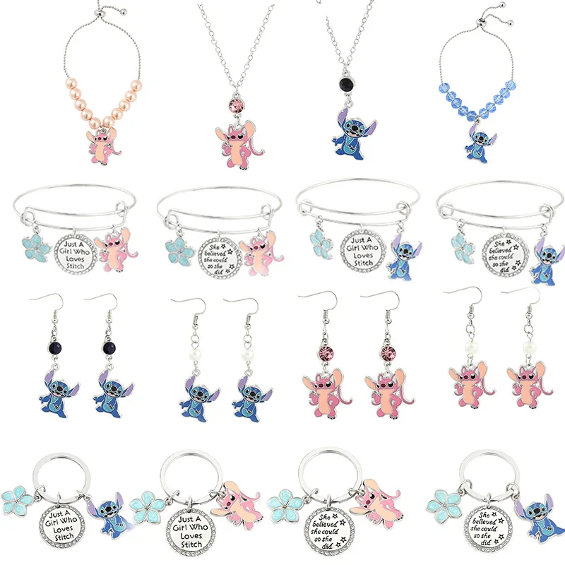 Anime Jewelry You're My Ohana Stitch Charm Bracelet Stitch Angel Earrings Necklace Key Chain Pendant Bracelet Trendy Girls Gift