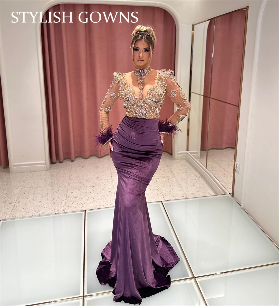 African Purple High Neck Evening Dresses Elegant And Beautiful Women Dress Bead Crystal Birthday Feathers Occasion Customized