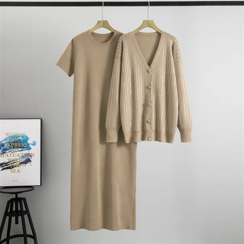 Femmes tricot 2 pièces ensemble Cardigan ensemble pull musulman à manches courtes robe longue ensemble tricots costume modeste automne hiver tenues