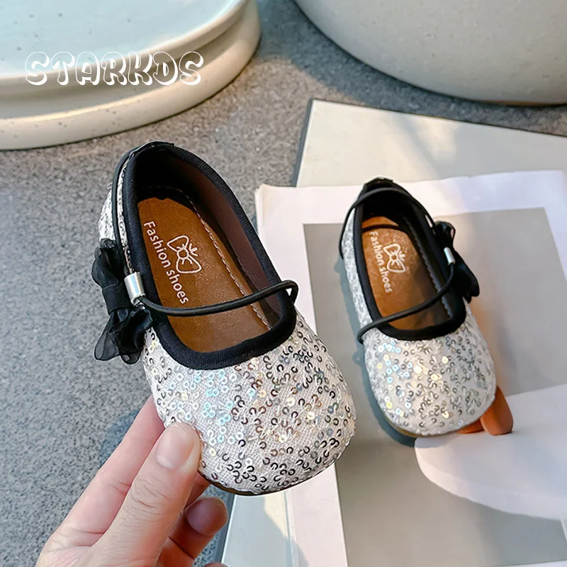 Silver Sequins Mesh Ballet Flats Kids Girls Bling Elasic Band Ballerina Shoes Baby Child Lace Bowknot Wedding  Princess Zapatos