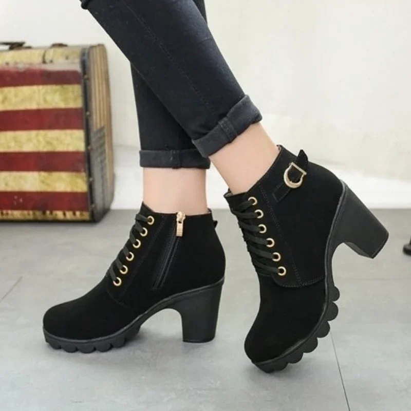 المرأة حذاء من الجلد الدافئة النمط البريطاني الصوف مبطن الخف الإناث أحذية قصيرة الخريف الشتاء القوطي جديد في الجوارب عالية الجودة #3