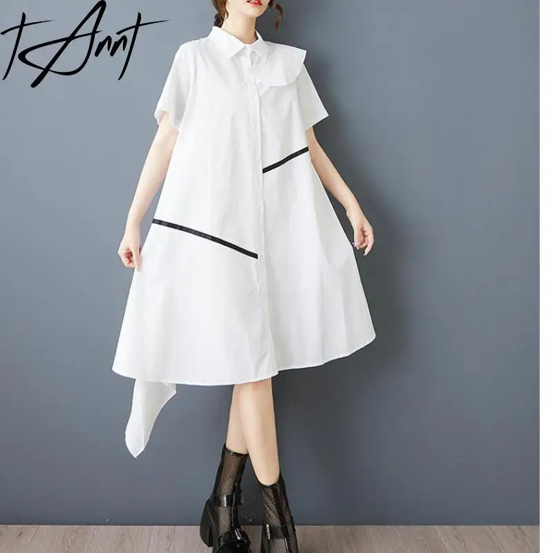 

Tannt Women Dress Asymmetrical Patchwork Color Matching Long Dresses Irregular Fashion Loose V-neck Summer Long Shirt Dresses