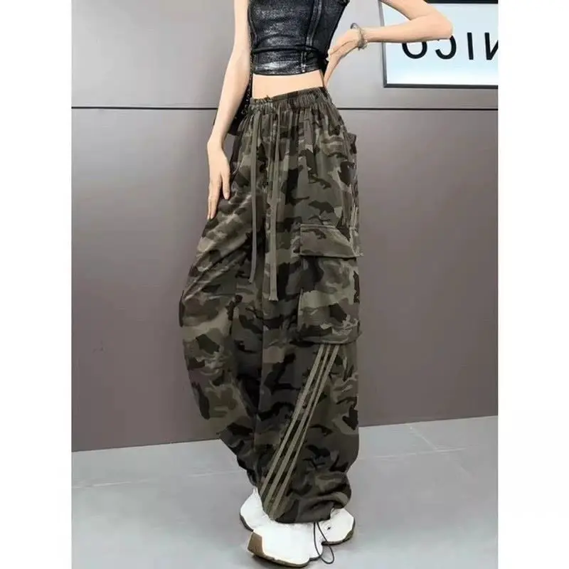 Spring Summer New Trend All-match Camouflage Elastic Waist Straight Female Vintage High Waist Pocket Trousers Women Clothing