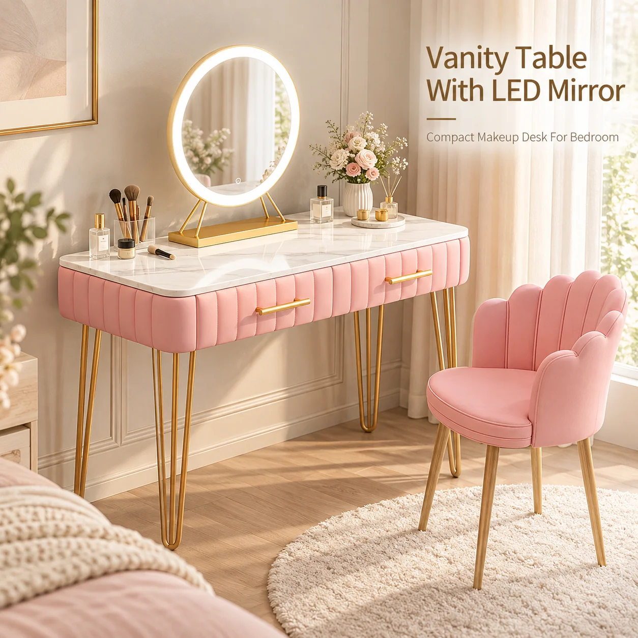 AOLIVIYA Vanity Table Makeup Desk Dressing Table With LED Mirror Drawers Modern Compact Bedroom Furniture