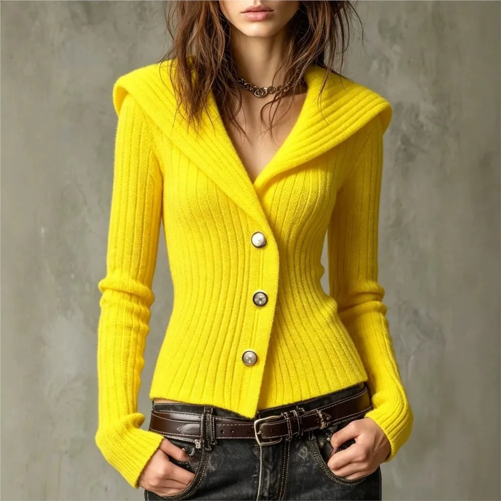 Women Sailor Collar Knit Cardigan Long Sleeve Single‑Breasted Button Slim Fit Knit Sweater Vintage Outerwear Casual Knitted Tops