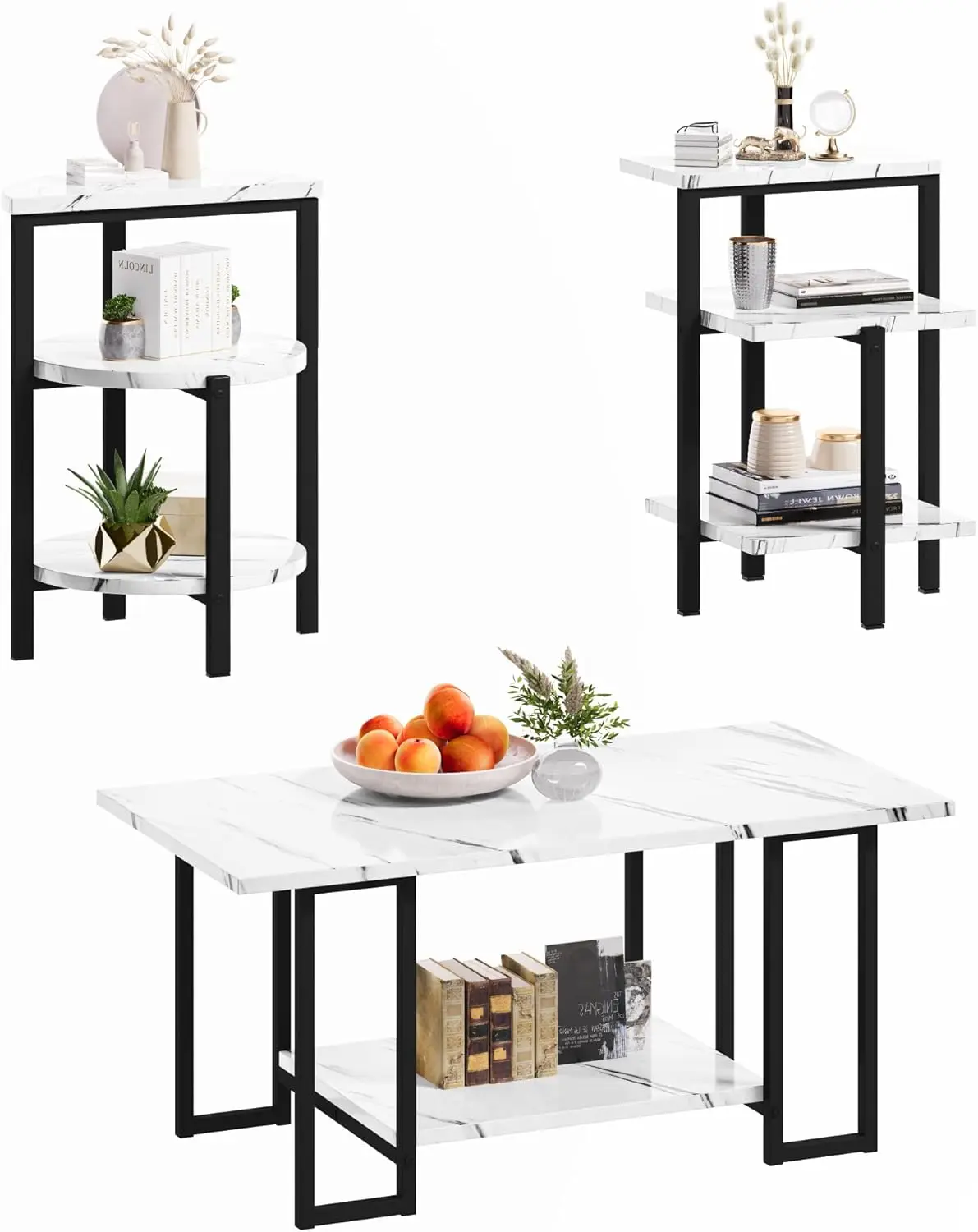 Lamerge Coffee Table Set, mesa de café retangular, 2 mesa de acento, mesa de mármore falso, 3 pcs