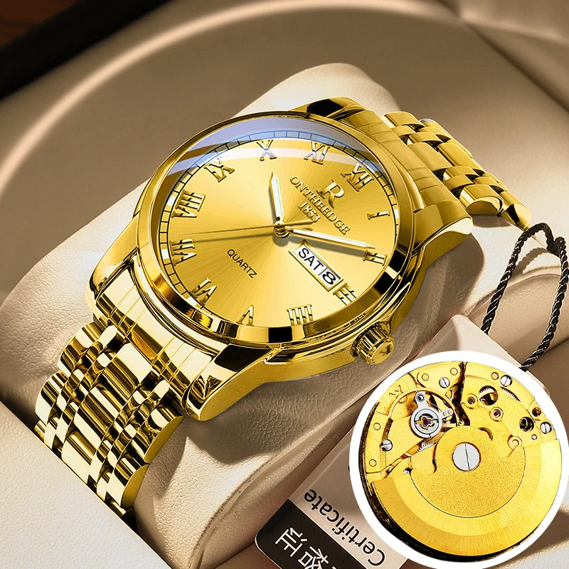

Fashion Mechanical Back Bover Mens Watch Stainless Steel Waterproof Luminous Week Date Luxury Quartz Watch Men Reloj Hombre