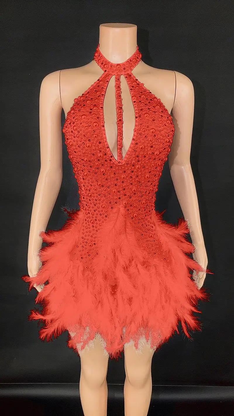2025 New Arrival Backless Hollow Sexy Pearl Ball Gown Elegant Evening Performance Dress with Feathers-GZMM207