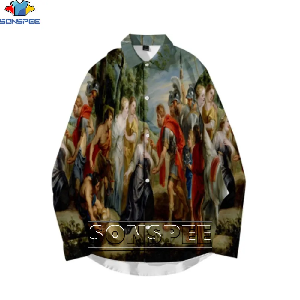 SONSPEE Medieval Men's Long Sleeve Shirts Casual Vintage Luxury Church 3D Print Shirt Camisa Masculina Party Anime Shirts Tops