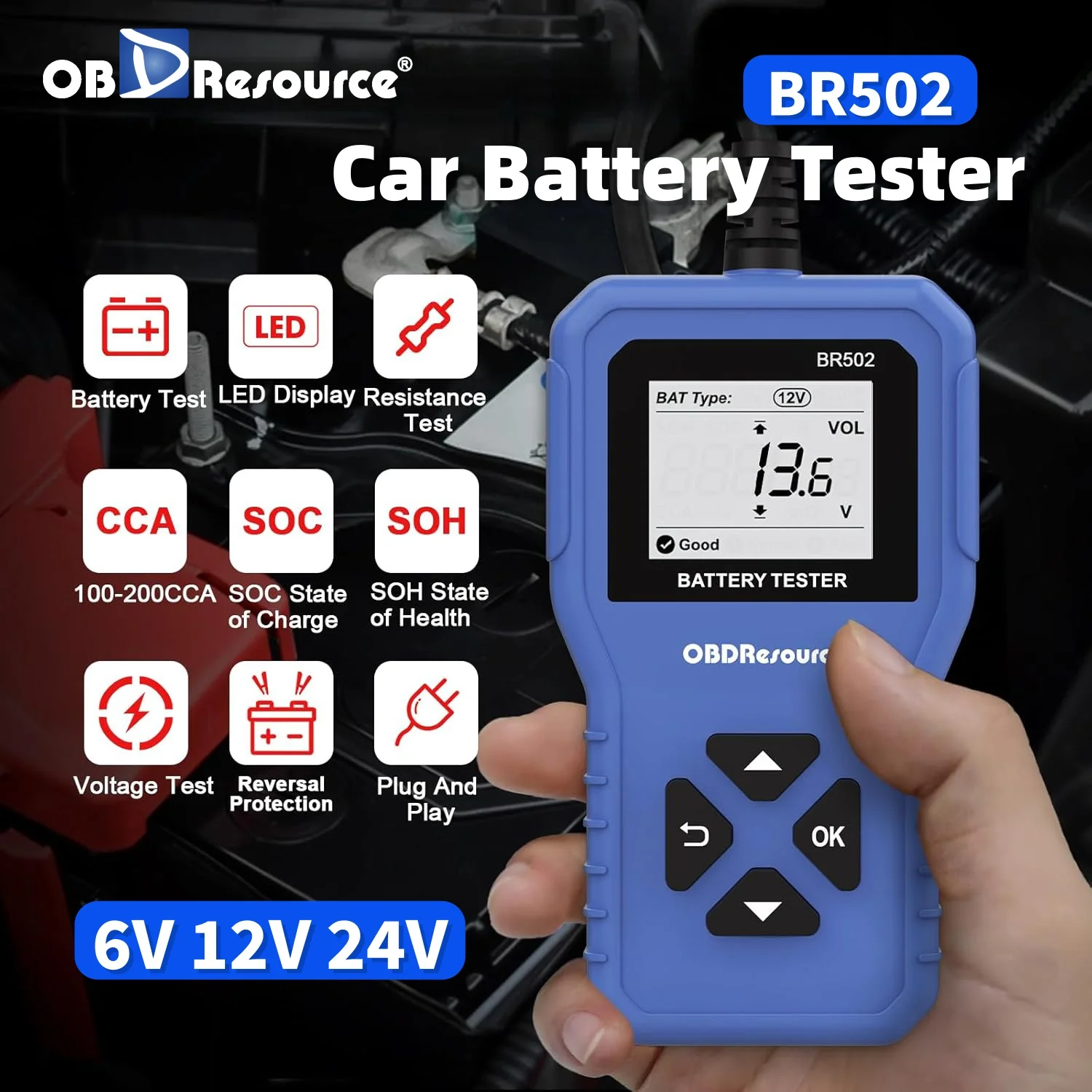 

Car Battery Tester 6V 12V 24V Battery System Detect 100-2000 CCA 2Ah-220Ah Auto Battery Analyzer for Car Truck Marine Motorcycle