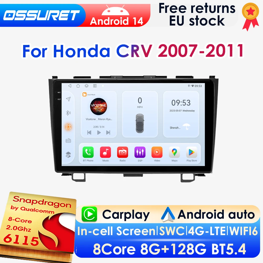 AI Carplay Android 14 Autoradio für Honda CRV 2007-2011 Auto-Multimedia-GPS Carplay 4G DSP BT Mirror Link Lenkrad 360-Grad-Kamera 2Din Autoradio Intelligente Systeme QLED-Bildschirm mit Snapdragon