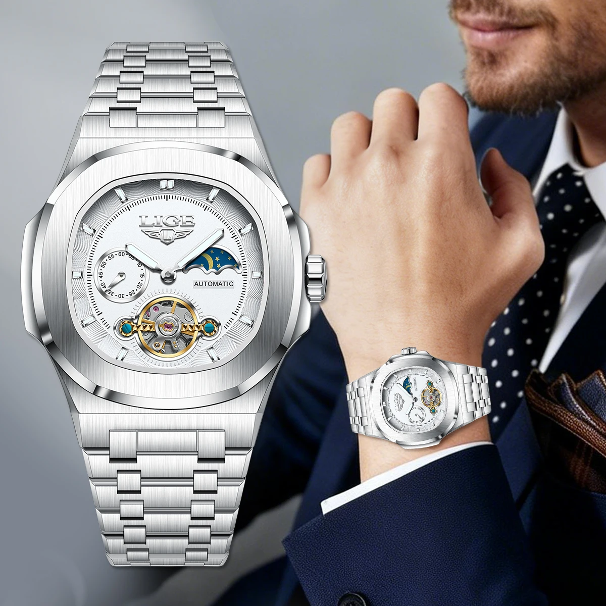 

Часы LIGE с двойным секундным турбийоном, 24-часовые механические часы, мужские часы из нержавеющей стали, оригинальные часы с ночным свечением, водонепроницаемые мужские часы