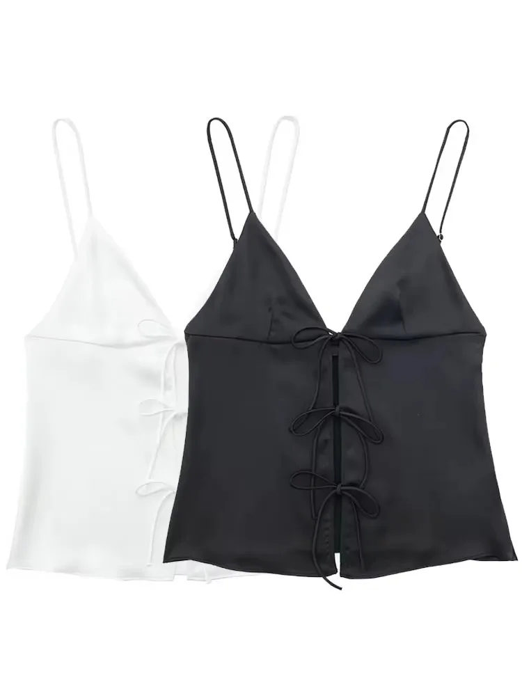 HH Frauen Vorne Fliege Top Elegante V-ausschnitt Solide Camis Ärmellose Backless Sexy Dame Straps Tanks Y2k Weibliche Dünne Crop Tops