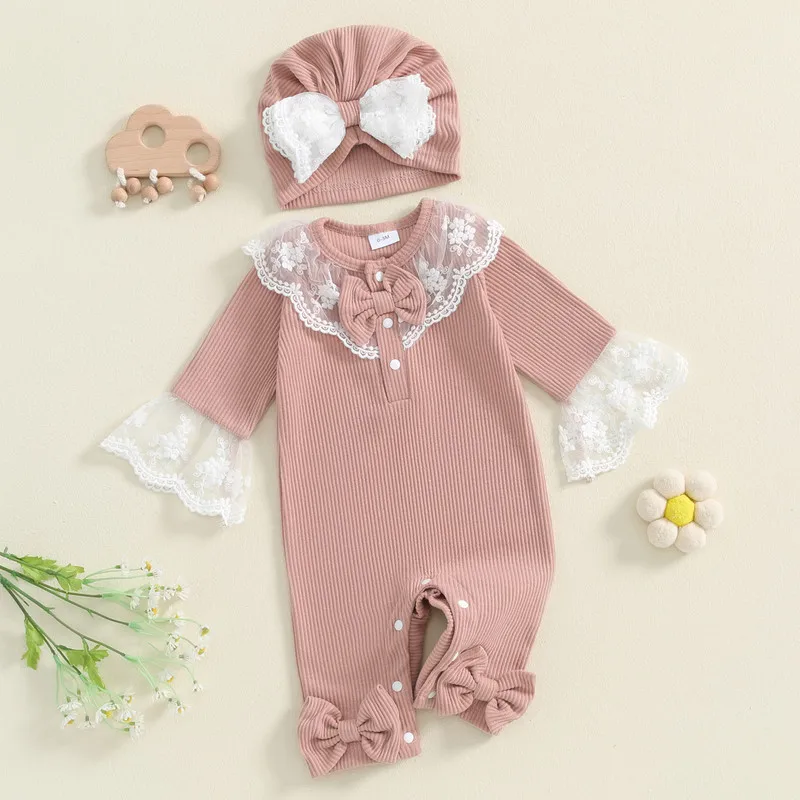 RUEWEY Newborn Baby Girl Lace Trim Romper Spring Autumn Clothes Long Sleeve Bow Jumpsuit with Turban Hat Baby Clothing